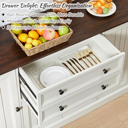 IFGET Farmhouse 58" Buffet Cabinet with Storage, 34" Tall Coffee Bar Cabinet w/2 Large Drawers & 4 Grooved Barn Doors, Wood Rustic Sideboard Buffet Cabinet for Dinning Room, Kitchen, Living Room,White