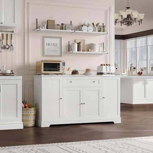 HITHOS 54" Buffet Cabinet with Storage, Modern Kitchen Buffet Sideboard with Drawer, Wood Coffee Bar Cabinet with Adjustable Shelves, Kitchen Storage Cabinet for Living Room, White