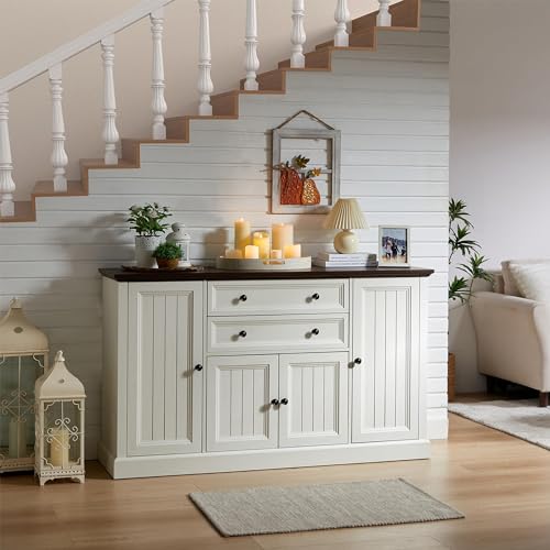 IFGET Farmhouse 58" Buffet Cabinet with Storage, 34" Tall Coffee Bar Cabinet w/2 Large Drawers & 4 Grooved Barn Doors, Wood Rustic Sideboard Buffet Cabinet for Dinning Room, Kitchen, Living Room,White