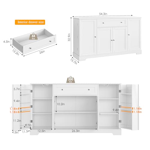 HITHOS 54" Buffet Cabinet with Storage, Modern Kitchen Buffet Sideboard with Drawer, Wood Coffee Bar Cabinet with Adjustable Shelves, Kitchen Storage Cabinet for Living Room, White