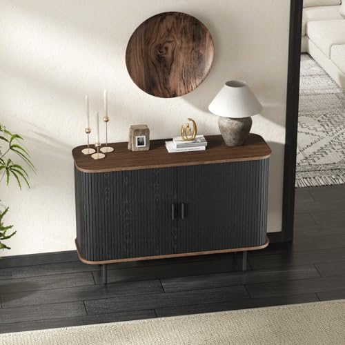 47''W x 32''H Black Buffet Sideboard Cabinet with Storage, Fluted Storage Cabinet with Curvy Edge; Sliding Door, Freestanding Accent Cabinet, Credenza, Console Table for Living Room, Kitchen, Hallway