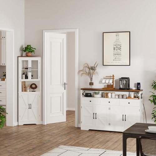51" Farmhouse Buffet Sideboard Cabinet with Storage, White Kitchen Storage Pantry Cabinet with Drawers, Wood Cupboard Hutch Cabinet, Coffee Bar Station Table for Kitchen, Living Room, Dining Room