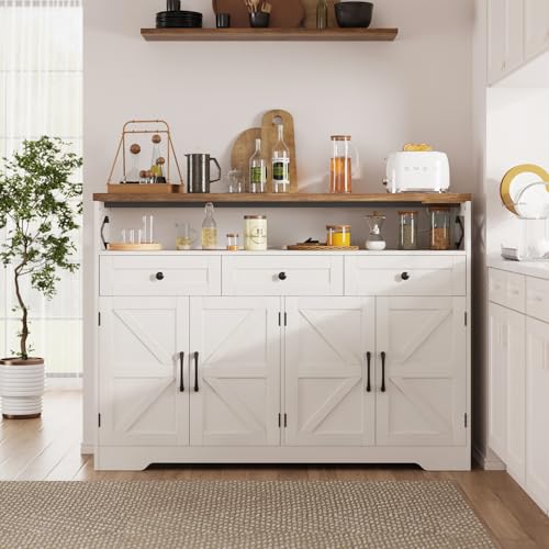 51" Farmhouse Buffet Sideboard Cabinet with Storage, White Kitchen Storage Pantry Cabinet with Drawers, Wood Cupboard Hutch Cabinet, Coffee Bar Station Table for Kitchen, Living Room, Dining Room