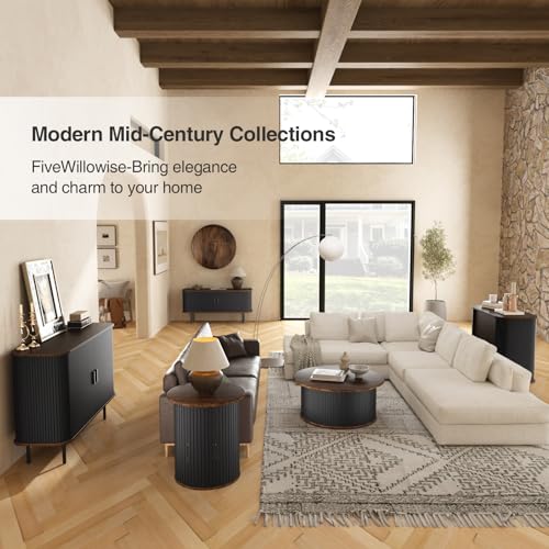 47''W x 32''H Black Buffet Sideboard Cabinet with Storage, Fluted Storage Cabinet with Curvy Edge; Sliding Door, Freestanding Accent Cabinet, Credenza, Console Table for Living Room, Kitchen, Hallway