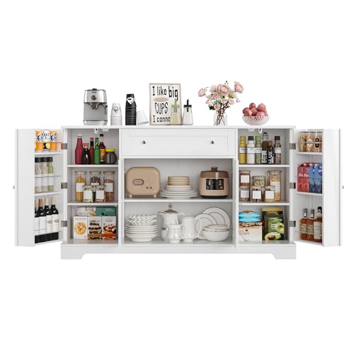 HITHOS 54" Buffet Cabinet with Storage, Modern Kitchen Buffet Sideboard with Drawer, Wood Coffee Bar Cabinet with Adjustable Shelves, Kitchen Storage Cabinet for Living Room, White
