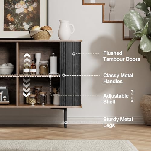 47''W x 32''H Black Buffet Sideboard Cabinet with Storage, Fluted Storage Cabinet with Curvy Edge; Sliding Door, Freestanding Accent Cabinet, Credenza, Console Table for Living Room, Kitchen, Hallway