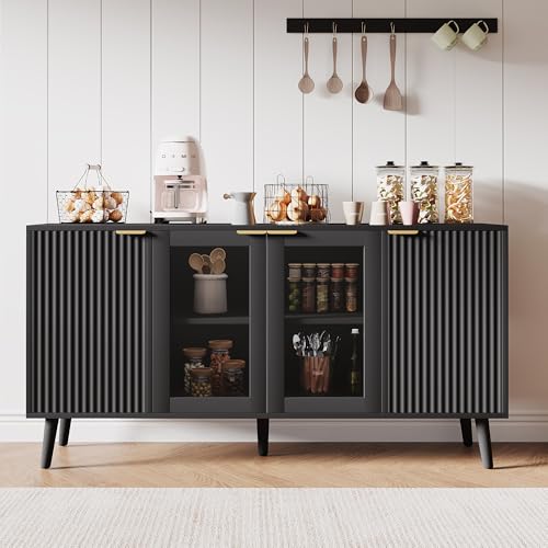 JASIWAY Sideboard Buffet Cabinet with Storage 55" Fluted Sideboard Cabinet with 4 Door Modern Accent Credenza Cabinet Buffet Table for Dining Room, Living Room, Kitchen, Hallway, Black