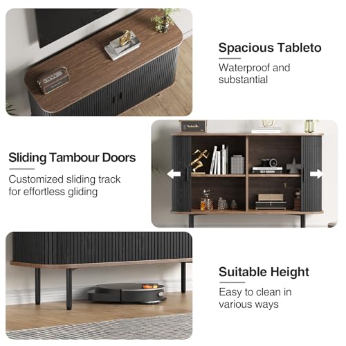 47''W x 32''H Black Buffet Sideboard Cabinet with Storage, Fluted Storage Cabinet with Curvy Edge; Sliding Door, Freestanding Accent Cabinet, Credenza, Console Table for Living Room, Kitchen, Hallway