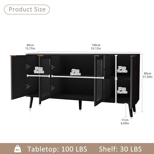 JASIWAY Sideboard Buffet Cabinet with Storage 55" Fluted Sideboard Cabinet with 4 Door Modern Accent Credenza Cabinet Buffet Table for Dining Room, Living Room, Kitchen, Hallway, Black