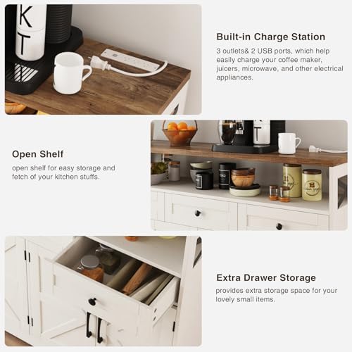 51" Farmhouse Buffet Sideboard Cabinet with Storage, White Kitchen Storage Pantry Cabinet with Drawers, Wood Cupboard Hutch Cabinet, Coffee Bar Station Table for Kitchen, Living Room, Dining Room