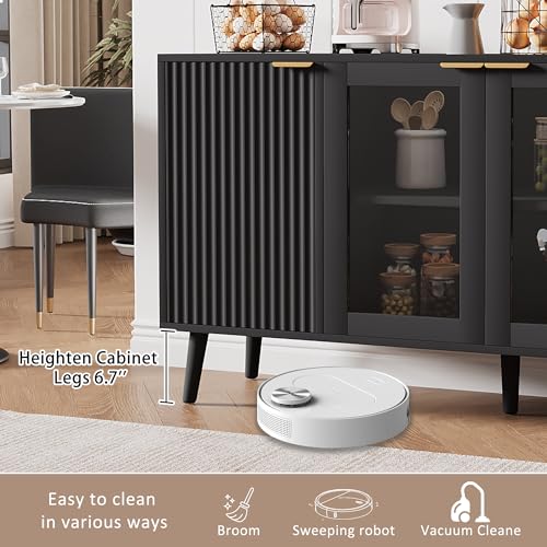 JASIWAY Sideboard Buffet Cabinet with Storage 55" Fluted Sideboard Cabinet with 4 Door Modern Accent Credenza Cabinet Buffet Table for Dining Room, Living Room, Kitchen, Hallway, Black