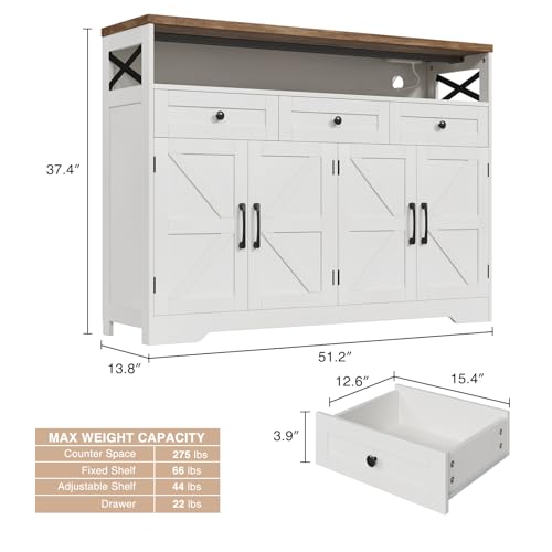 51" Farmhouse Buffet Sideboard Cabinet with Storage, White Kitchen Storage Pantry Cabinet with Drawers, Wood Cupboard Hutch Cabinet, Coffee Bar Station Table for Kitchen, Living Room, Dining Room