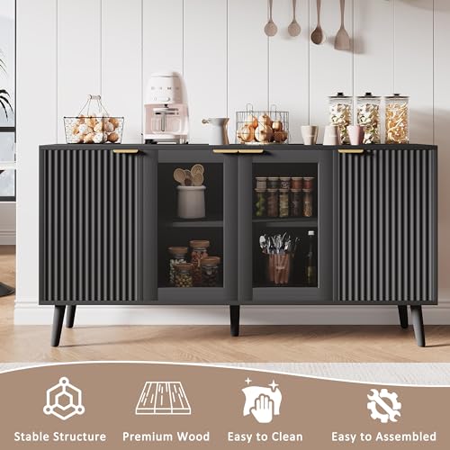 JASIWAY Sideboard Buffet Cabinet with Storage 55" Fluted Sideboard Cabinet with 4 Door Modern Accent Credenza Cabinet Buffet Table for Dining Room, Living Room, Kitchen, Hallway, Black