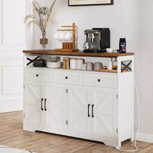 51" Farmhouse Buffet Sideboard Cabinet with Storage, White Kitchen Storage Pantry Cabinet with Drawers, Wood Cupboard Hutch Cabinet, Coffee Bar Station Table for Kitchen, Living Room, Dining Room