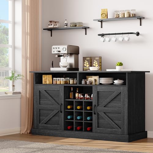 YITAHOME 52" Farmhouse Sideboard Buffet Cabinet with Power Outlet, Coffee Bar Cabinet with Floating Shelves & Barn Doors, Bar Cabinet with Storage for Kitchen, Living Room (Black Oak)