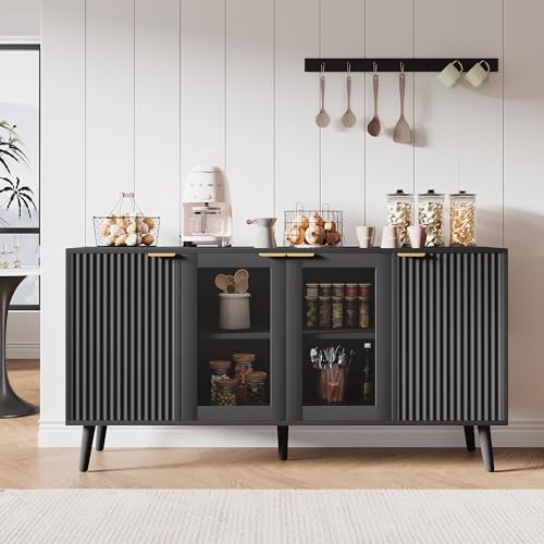 JASIWAY Sideboard Buffet Cabinet with Storage 55" Fluted Sideboard Cabinet with 4 Door Modern Accent Credenza Cabinet Buffet Table for Dining Room, Living Room, Kitchen, Hallway, Black