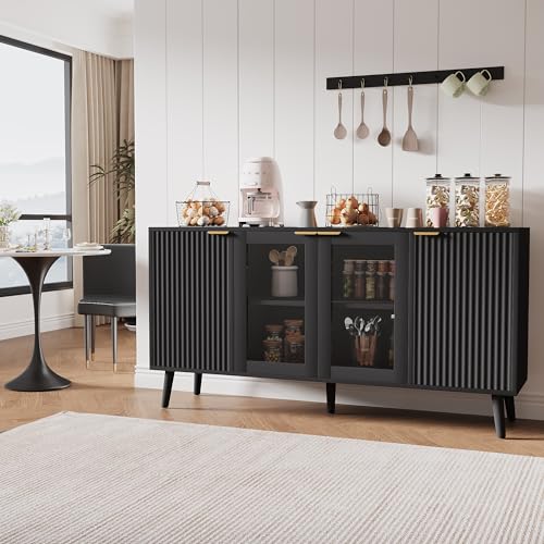 JASIWAY Sideboard Buffet Cabinet with Storage 55" Fluted Sideboard Cabinet with 4 Door Modern Accent Credenza Cabinet Buffet Table for Dining Room, Living Room, Kitchen, Hallway, Black