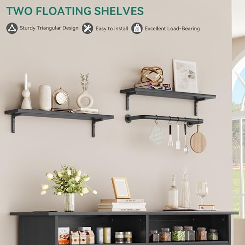 YITAHOME 52" Farmhouse Sideboard Buffet Cabinet with Power Outlet, Coffee Bar Cabinet with Floating Shelves & Barn Doors, Bar Cabinet with Storage for Kitchen, Living Room (Black Oak)