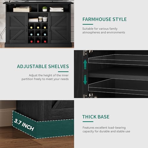 YITAHOME 52" Farmhouse Sideboard Buffet Cabinet with Power Outlet, Coffee Bar Cabinet with Floating Shelves & Barn Doors, Bar Cabinet with Storage for Kitchen, Living Room (Black Oak)