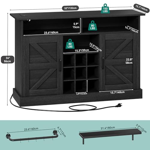 YITAHOME 52" Farmhouse Sideboard Buffet Cabinet with Power Outlet, Coffee Bar Cabinet with Floating Shelves & Barn Doors, Bar Cabinet with Storage for Kitchen, Living Room (Black Oak)