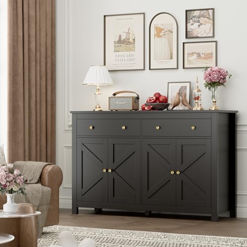 FOTOSOK Sideboard Buffet Cabinet with Storage, 55.1" Large Buffet Cabinet Kitchen Cabinet with Shelves and Doors, Farmhouse Coffee Bar Cabinet Wood Buffet Table Sideboard for Kitchen, Black