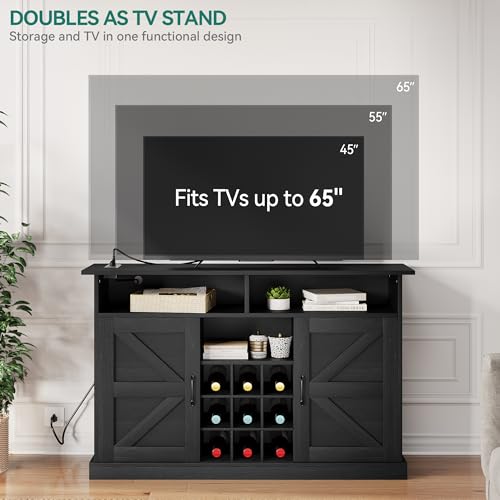 YITAHOME 52" Farmhouse Sideboard Buffet Cabinet with Power Outlet, Coffee Bar Cabinet with Floating Shelves & Barn Doors, Bar Cabinet with Storage for Kitchen, Living Room (Black Oak)