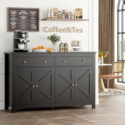 FOTOSOK Sideboard Buffet Cabinet with Storage, 55.1" Large Buffet Cabinet Kitchen Cabinet with Shelves and Doors, Farmhouse Coffee Bar Cabinet Wood Buffet Table Sideboard for Kitchen, Black