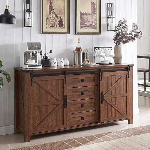 T4TREAM Farmhouse Sideboard Buffet Cabinet with Storage, 60" Large Kitchen Cabinet w/Sliding Barn Doors and 4 Drawers, 31.2'' Tall Rustic Wood Coffee Bar Table for Dining Room,Reclaimed Barnwood Color
