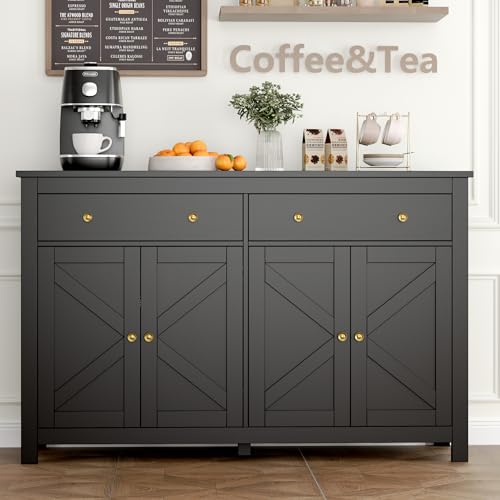 FOTOSOK Sideboard Buffet Cabinet with Storage, 55.1" Large Buffet Cabinet Kitchen Cabinet with Shelves and Doors, Farmhouse Coffee Bar Cabinet Wood Buffet Table Sideboard for Kitchen, Black