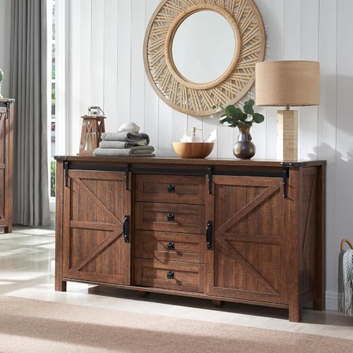 T4TREAM Farmhouse Sideboard Buffet Cabinet with Storage, 60" Large Kitchen Cabinet w/Sliding Barn Doors and 4 Drawers, 31.2'' Tall Rustic Wood Coffee Bar Table for Dining Room,Reclaimed Barnwood Color