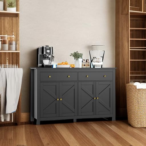 FOTOSOK Sideboard Buffet Cabinet with Storage, 55.1" Large Buffet Cabinet Kitchen Cabinet with Shelves and Doors, Farmhouse Coffee Bar Cabinet Wood Buffet Table Sideboard for Kitchen, Black