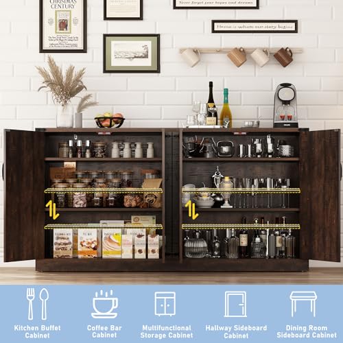 Sideboard Buffet Cabinet with Storage - 65 Inch Farmhouse Kitchen Pantries Sideboard Cabinet with Adjustable Shelves, Wooden Coffee Bar Cabinet Buffet Table for Kitchen, Dining Room, Brown