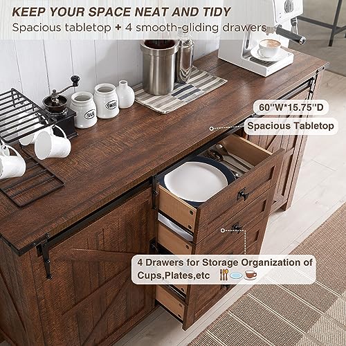 T4TREAM Farmhouse Sideboard Buffet Cabinet with Storage, 60" Large Kitchen Cabinet w/Sliding Barn Doors and 4 Drawers, 31.2'' Tall Rustic Wood Coffee Bar Table for Dining Room,Reclaimed Barnwood Color