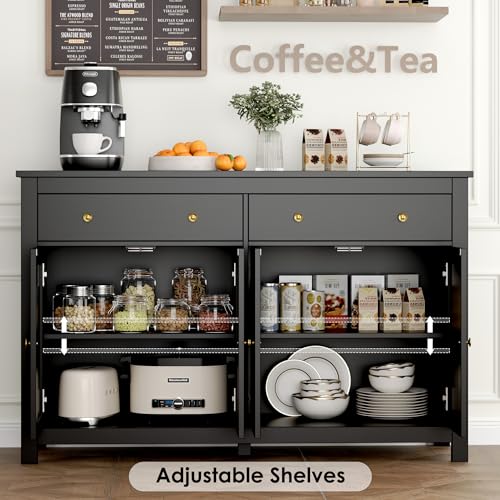 FOTOSOK Sideboard Buffet Cabinet with Storage, 55.1" Large Buffet Cabinet Kitchen Cabinet with Shelves and Doors, Farmhouse Coffee Bar Cabinet Wood Buffet Table Sideboard for Kitchen, Black