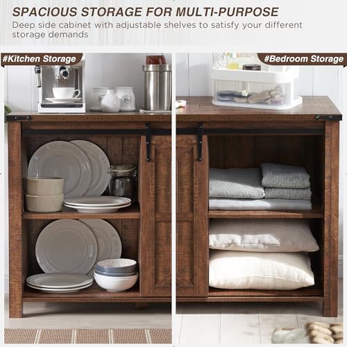 T4TREAM Farmhouse Sideboard Buffet Cabinet with Storage, 60" Large Kitchen Cabinet w/Sliding Barn Doors and 4 Drawers, 31.2'' Tall Rustic Wood Coffee Bar Table for Dining Room,Reclaimed Barnwood Color