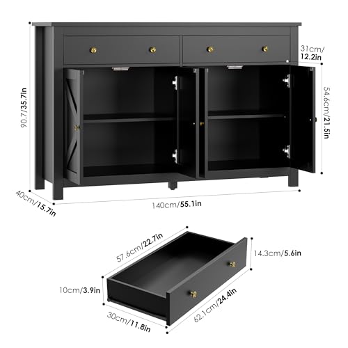 FOTOSOK Sideboard Buffet Cabinet with Storage, 55.1" Large Buffet Cabinet Kitchen Cabinet with Shelves and Doors, Farmhouse Coffee Bar Cabinet Wood Buffet Table Sideboard for Kitchen, Black