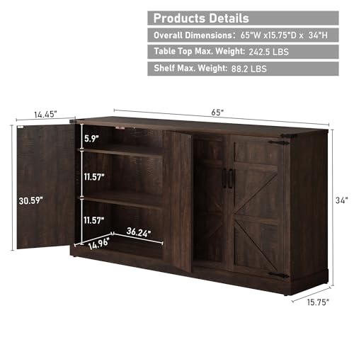Sideboard Buffet Cabinet with Storage - 65 Inch Farmhouse Kitchen Pantries Sideboard Cabinet with Adjustable Shelves, Wooden Coffee Bar Cabinet Buffet Table for Kitchen, Dining Room, Brown