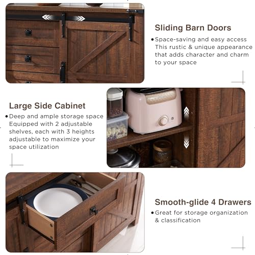 T4TREAM Farmhouse Sideboard Buffet Cabinet with Storage, 60" Large Kitchen Cabinet w/Sliding Barn Doors and 4 Drawers, 31.2'' Tall Rustic Wood Coffee Bar Table for Dining Room,Reclaimed Barnwood Color