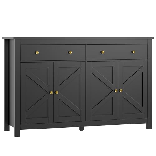 FOTOSOK Sideboard Buffet Cabinet with Storage, 55.1" Large Buffet Cabinet Kitchen Cabinet with Shelves and Doors, Farmhouse Coffee Bar Cabinet Wood Buffet Table Sideboard for Kitchen, Black