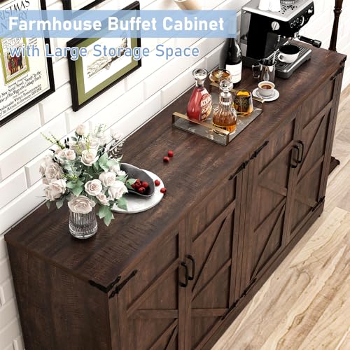 Sideboard Buffet Cabinet with Storage - 65 Inch Farmhouse Kitchen Pantries Sideboard Cabinet with Adjustable Shelves, Wooden Coffee Bar Cabinet Buffet Table for Kitchen, Dining Room, Brown