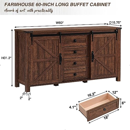 T4TREAM Farmhouse Sideboard Buffet Cabinet with Storage, 60" Large Kitchen Cabinet w/Sliding Barn Doors and 4 Drawers, 31.2'' Tall Rustic Wood Coffee Bar Table for Dining Room,Reclaimed Barnwood Color