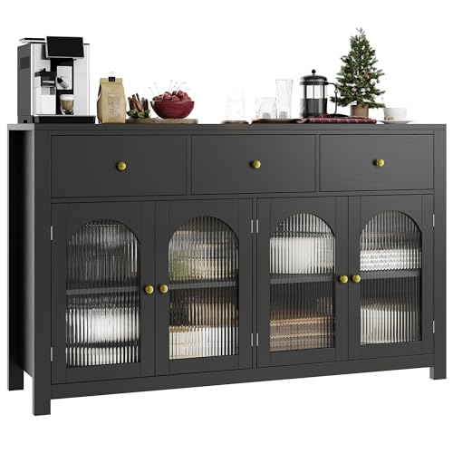 finetones Buffet Cabinet with Storage, 55.1" Large Sideboard Buffet Cabinet, Farmhouse Kitchen Cabinet Display Cabinet with 3 Drawers and 4 Doors, Wood Coffee Bar Cabinet for Kitchen, Black