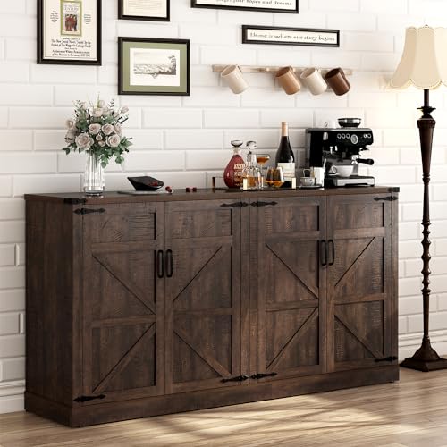 Sideboard Buffet Cabinet with Storage - 65 Inch Farmhouse Kitchen Pantries Sideboard Cabinet with Adjustable Shelves, Wooden Coffee Bar Cabinet Buffet Table for Kitchen, Dining Room, Brown