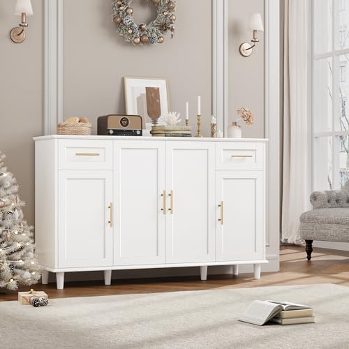 HOSTACK 55" Modern Sideboard Buffet Cabinet with Storage, Large Kitchen Buffet Storage Cabinet with Drawers and Shelves, Wood Coffee Bar Cabinet with Gold Handles for Kitchen, Living Room, White