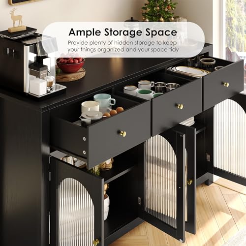 finetones Buffet Cabinet with Storage, 55.1" Large Sideboard Buffet Cabinet, Farmhouse Kitchen Cabinet Display Cabinet with 3 Drawers and 4 Doors, Wood Coffee Bar Cabinet for Kitchen, Black