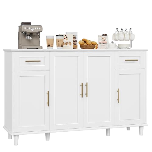 HOSTACK 55" Modern Sideboard Buffet Cabinet with Storage, Large Kitchen Buffet Storage Cabinet with Drawers and Shelves, Wood Coffee Bar Cabinet with Gold Handles for Kitchen, Living Room, White