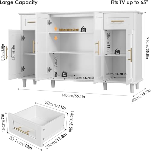 HOSTACK 55" Modern Sideboard Buffet Cabinet with Storage, Large Kitchen Buffet Storage Cabinet with Drawers and Shelves, Wood Coffee Bar Cabinet with Gold Handles for Kitchen, Living Room, White