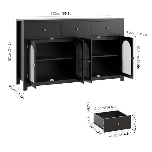 finetones Buffet Cabinet with Storage, 55.1" Large Sideboard Buffet Cabinet, Farmhouse Kitchen Cabinet Display Cabinet with 3 Drawers and 4 Doors, Wood Coffee Bar Cabinet for Kitchen, Black