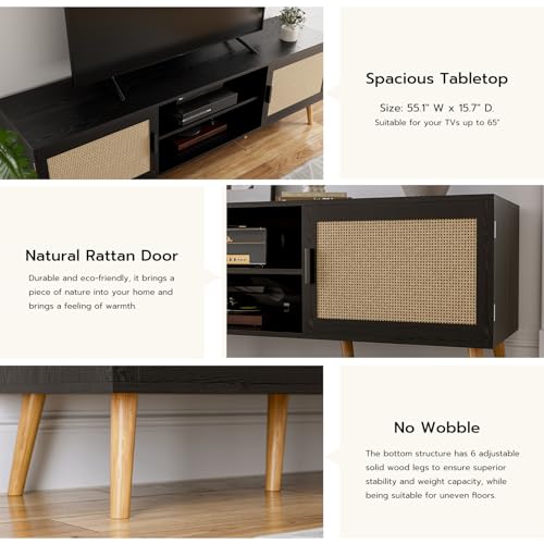 Boho TV Stand for 65'' TVs with Rattan Doors