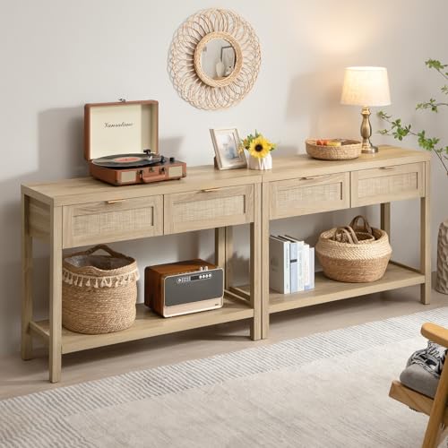 Boho Console Table Set with Rattan Drawers
